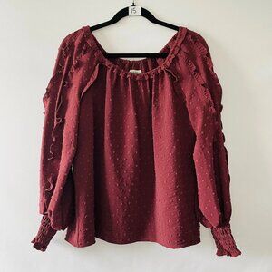Max Studio Womens Garnet Swiss Dot Textured Boho Ruffle Sleeve Blouse Size S